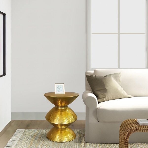 21 Inch Round Aluminum Side End Table， Hammered Embossed Metal Surface， Turned Pedestal Base， Gold Brass Finish