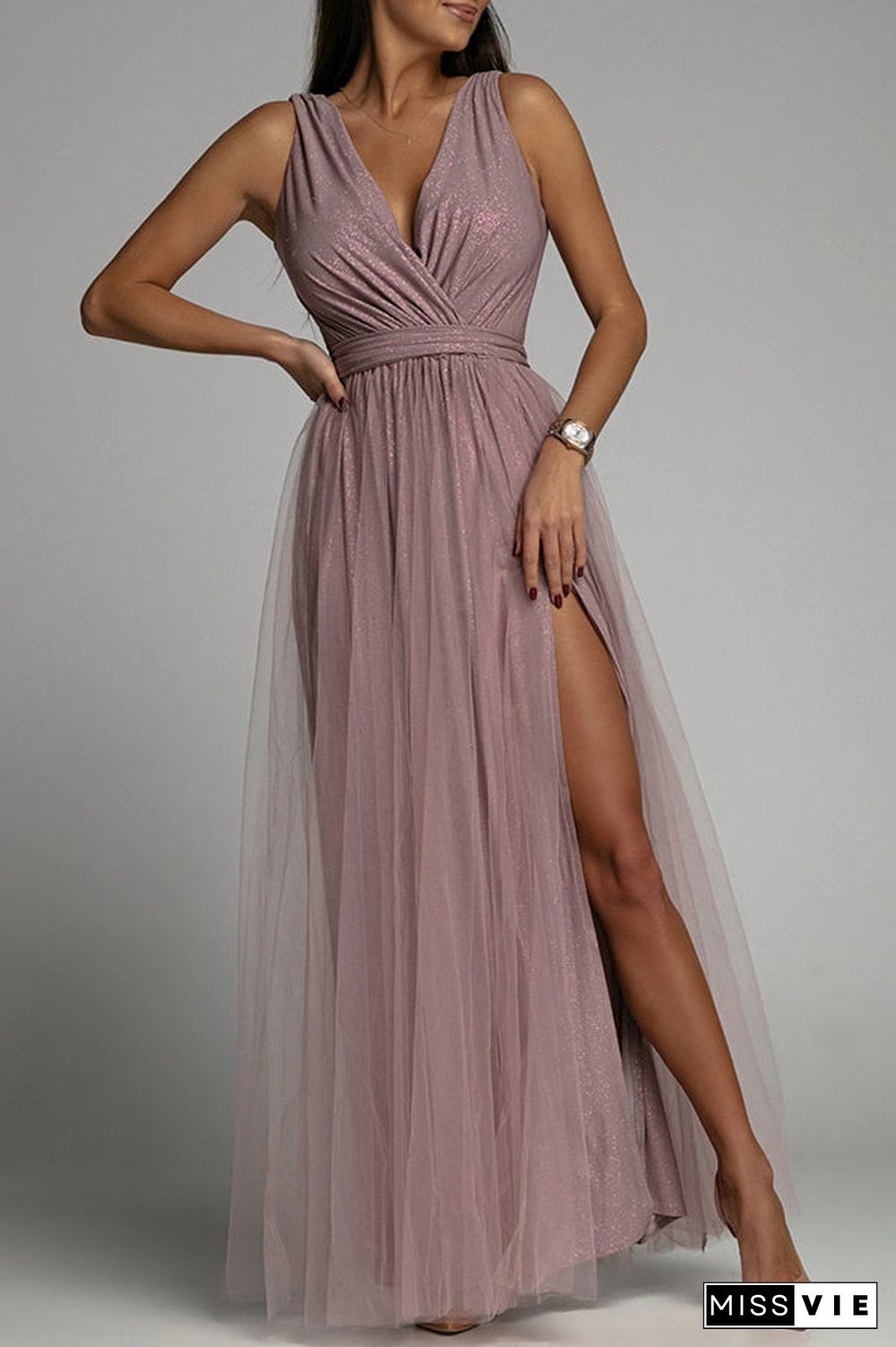 It'S My Day Light Tulle Slit Maxi Dress