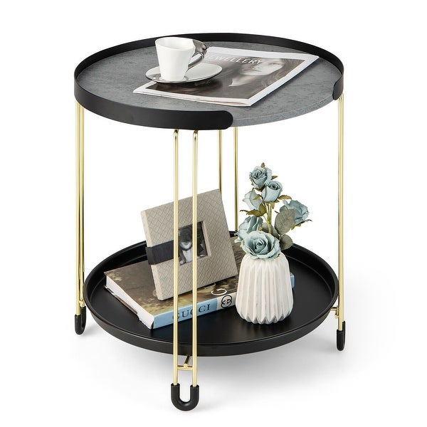 Gymax 2-Tier Side End Table Round Nightstand Gold Frame for Living