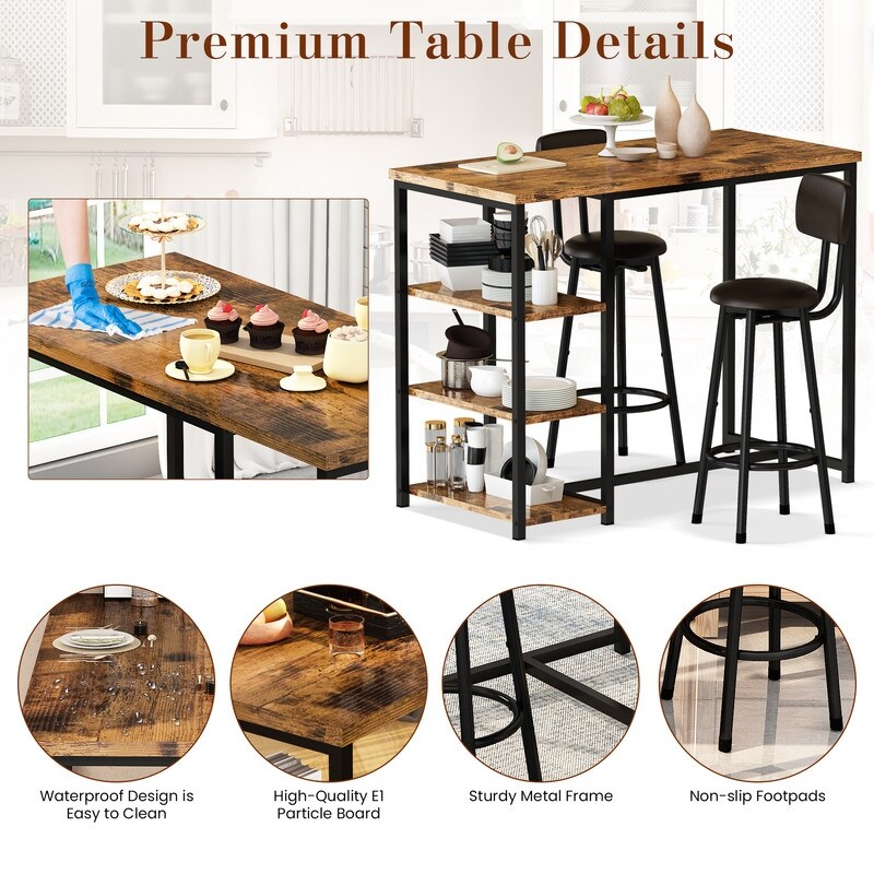 3 Pieces Industrial Bar Table Set  Counter Height Kitchen Pub Table Set with 3 Storage Shelves and Upholstered Stools