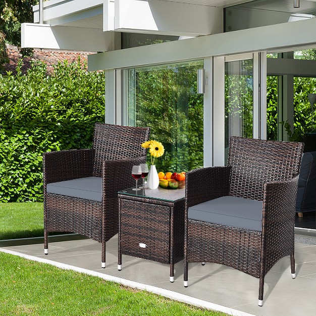 Tangkula 3 piece Patio Wicker Rattan Furniture Set Conversation Sofa Set W coffee Table Grey