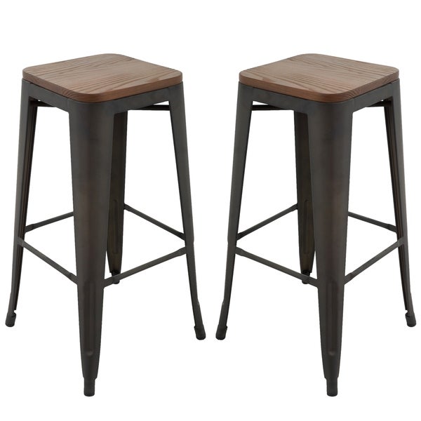 Carbon Loft Borelli Elm Wood/ Brushed Grey Metal 30-inch Bar Stools (Set of 2)