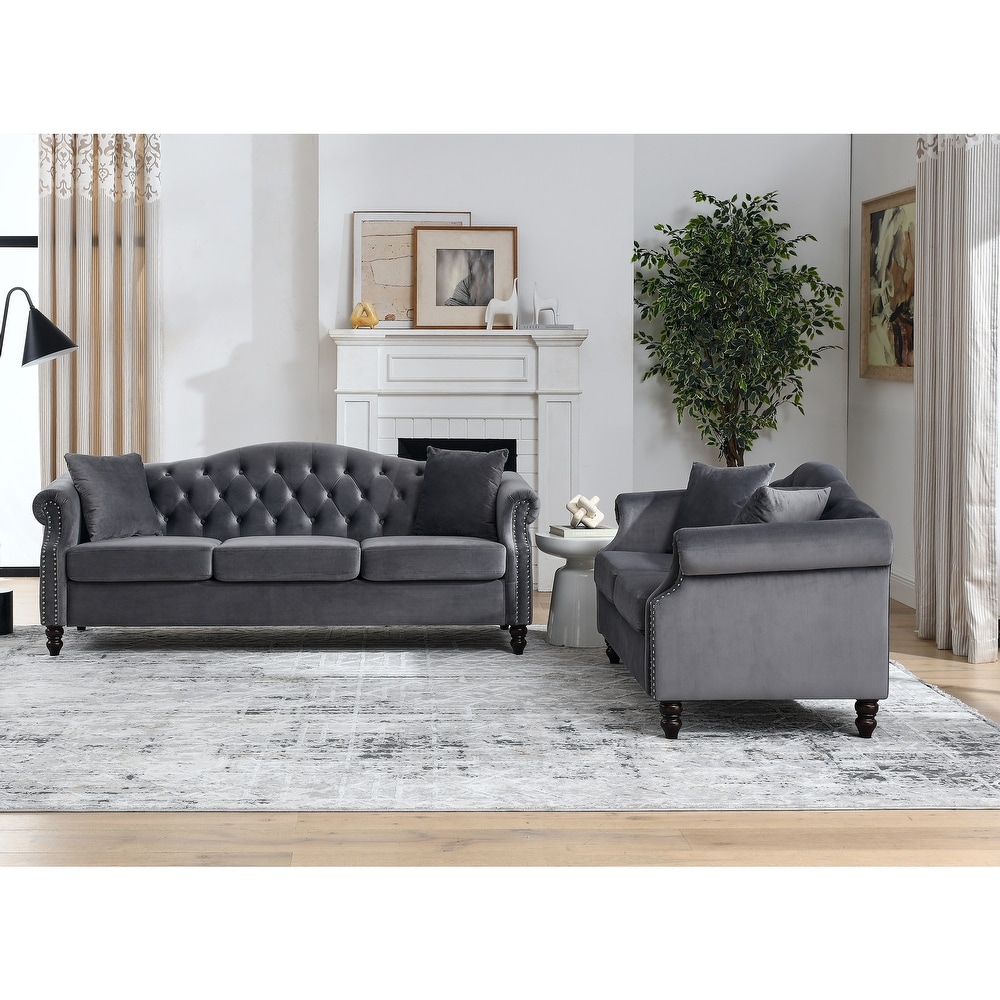 Classic Chesterfield Velvet Sofa Set with Pillows (3 Seater + Loveseat)