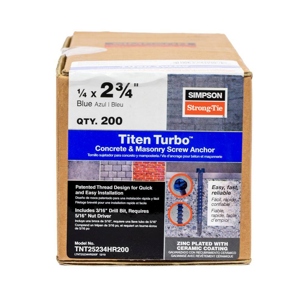 Simpson Strong-Tie 14 in. x 2-34 in. Hex Head Titen Turbo Concrete Screws (200-Pack) TNT25234HR200