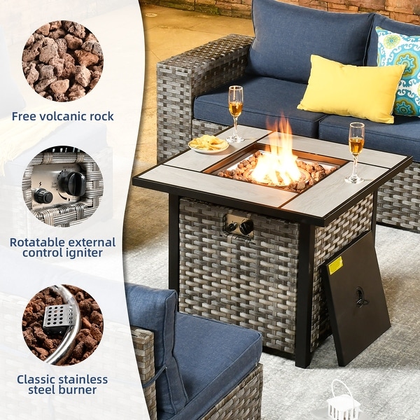 OVIOS Patio Wicker Furniture Wide Arm 7piece Fire Pit Set with Table