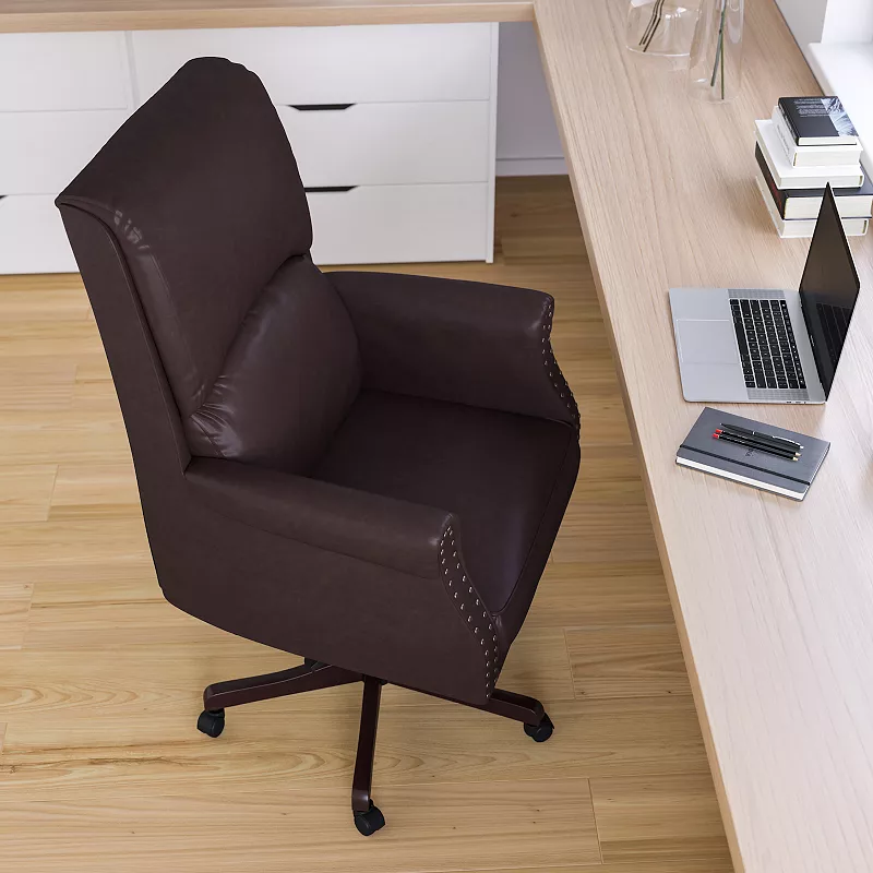 Merrick Lane Tiber Ergonomic Executive Office Chair with High Pillowed Back and Rolled Arms In Brown Faux Leather with Mahogany Finish Base