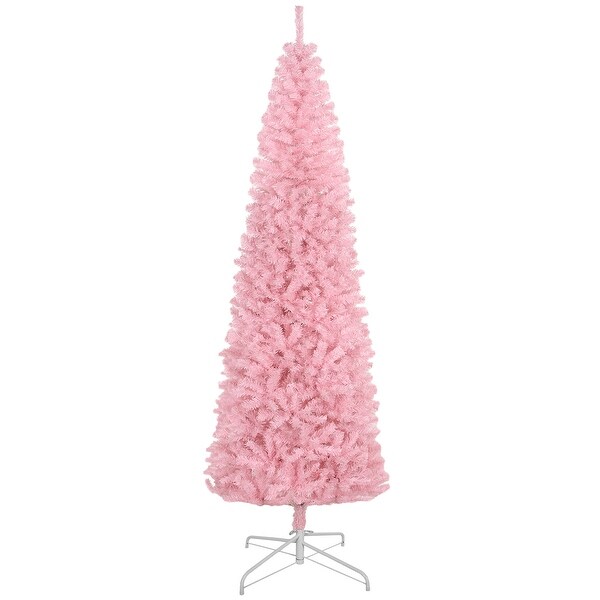 HOMCOM 8' Tall Unlit Slim Douglas Fir Artificial Christmas Tree with 1168 Realistic Branch Tips，Pink