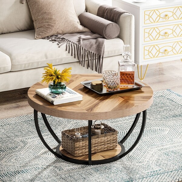 Round Coffee Table， Modern 2-Tier Center Table - Wood