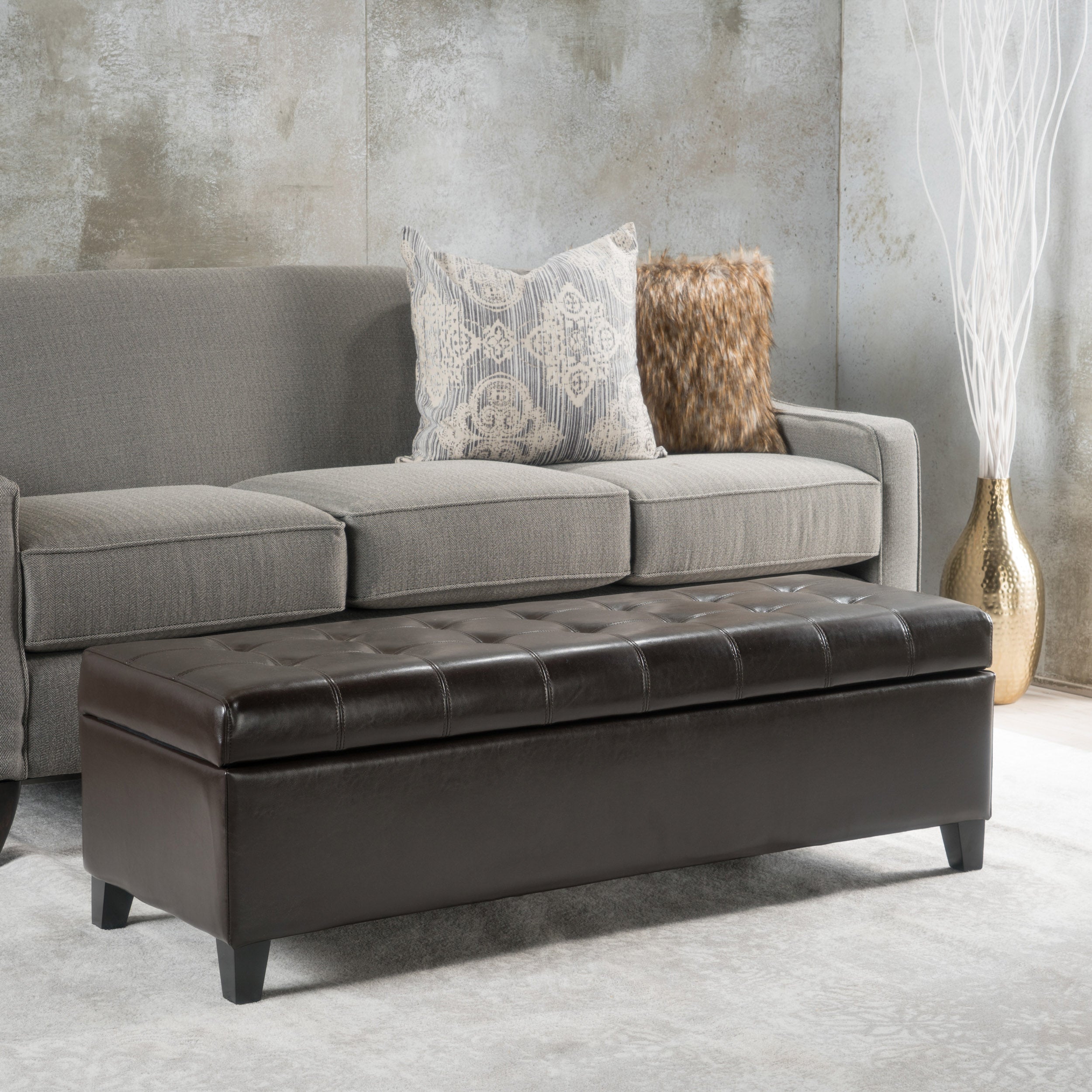 Santa Rosa Brown Tufted Faux Leather Storage Ottoman Bench