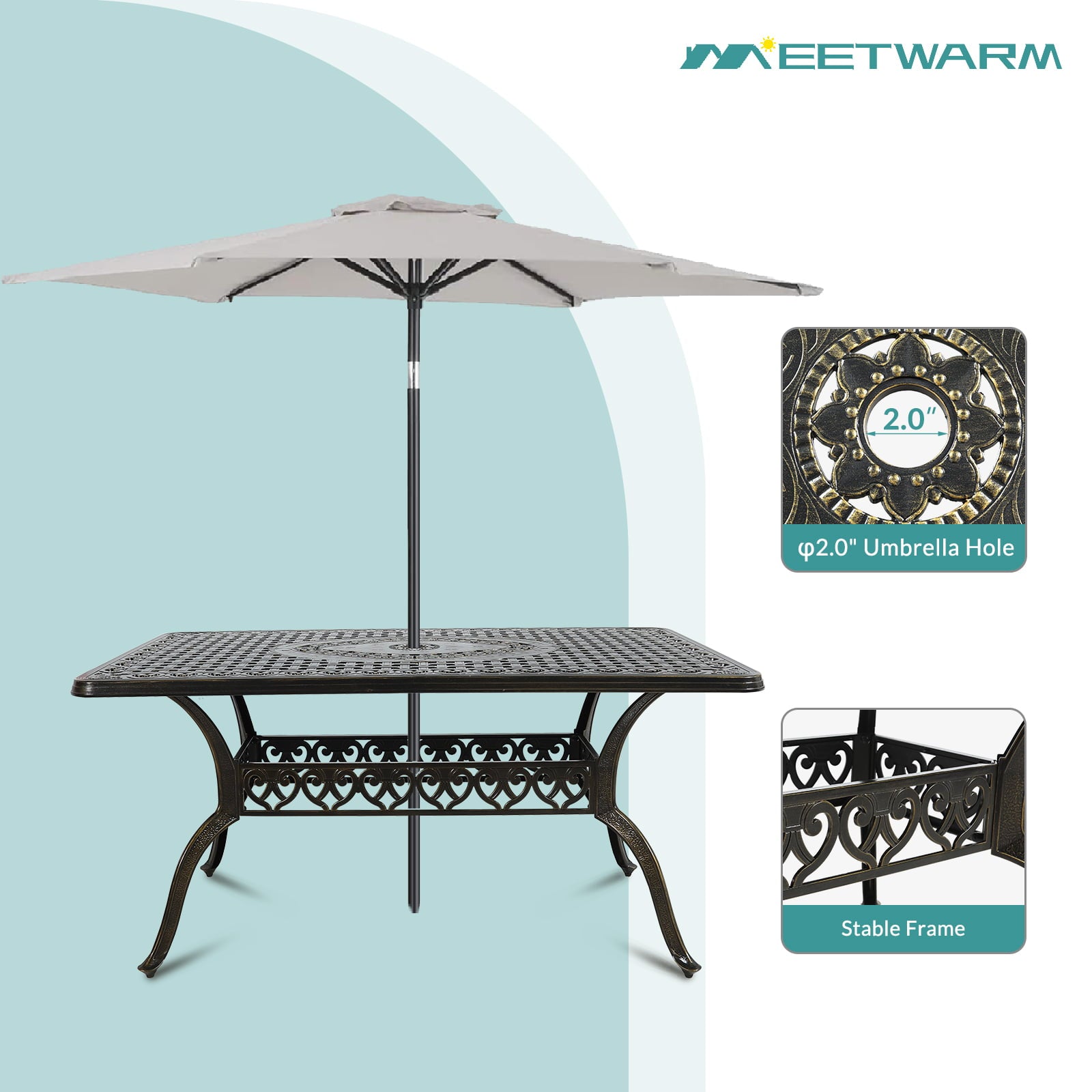 MEETWARM 7-Piece Outdoor Furniture Dining Set, All Weather Cast Aluminum Patio Garden Set with 6 Cushioned Chairs, 1 Rectangular Table, 2" Umbrella Hole