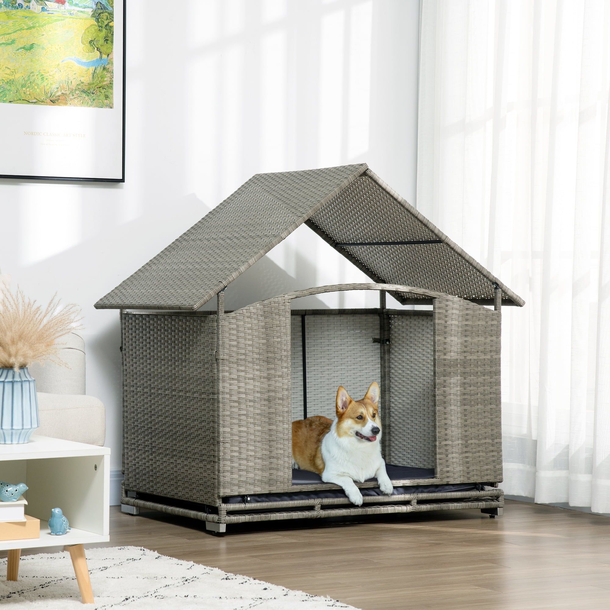 PawHut Wicker Dog House w/ Shade Canopy Soft Cushion for Small Medium Dogs