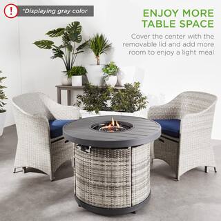 Best Choice Products 32in Round Wicker Fire Pit Table 50000 BTU Outdoor Patio Propane Gas Firepit wCover - Brown SKY6217