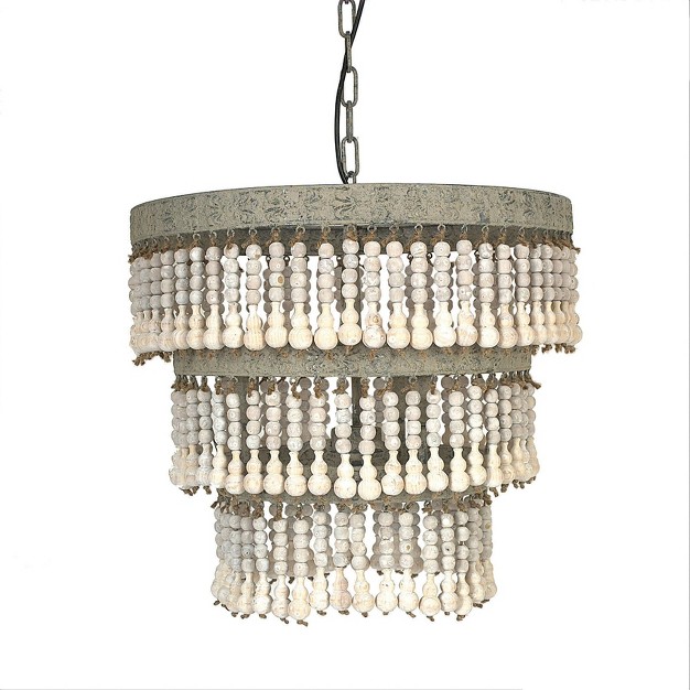 3 tier Round Metal Chandelier With 3 Lights And Hanging Wood Beads Cream Storied Home