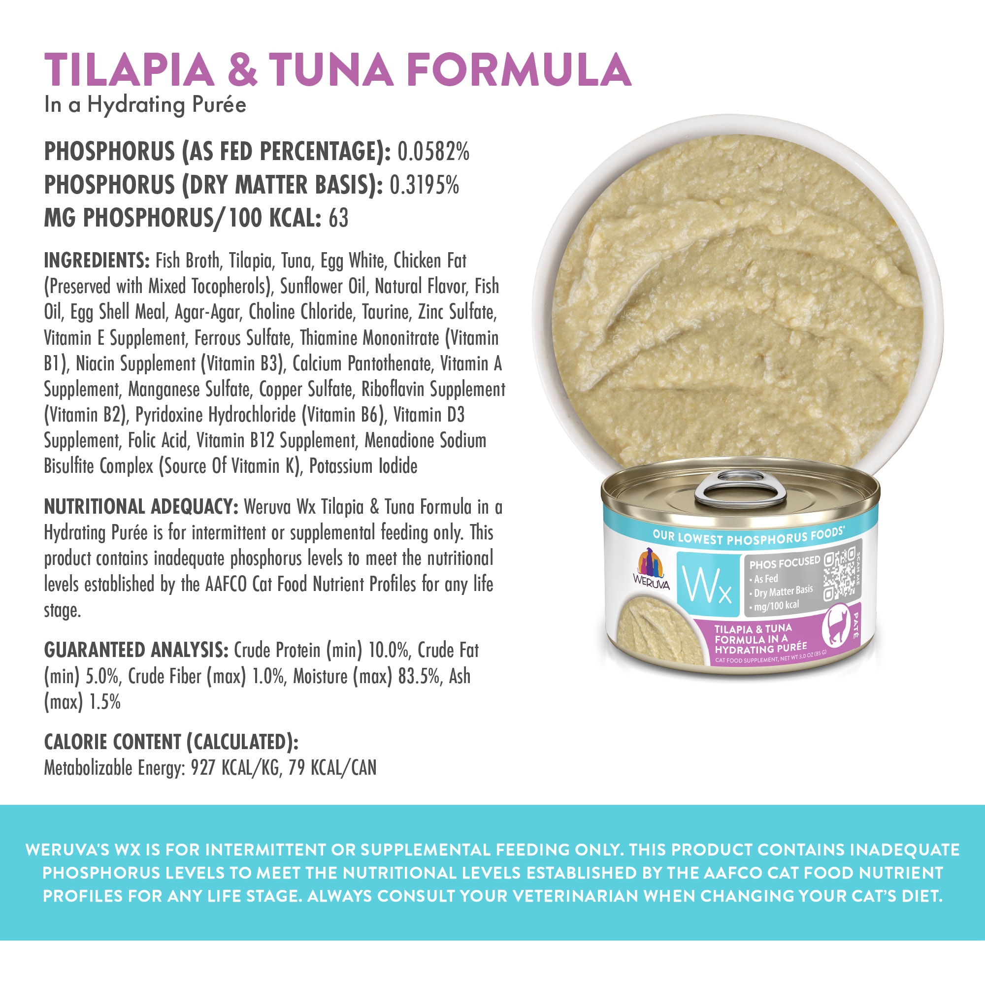 Wx Phos Focused Foods Tilapia  Tuna Formula in a Hydrating Puree Wet Cat Food， 3 oz.， Case of 12