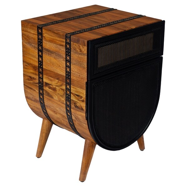 24 Inch Acacia Wood Accent Cabinet Chest with 1 Mesh Drawer and 1 Door， Brown and Black