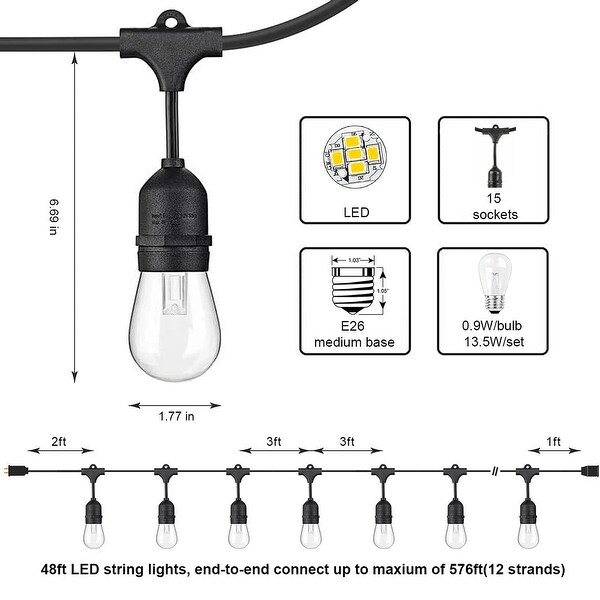 Banord LED 48 Foot 2 Watt String Lights，17 Shatterproof Bulbs for Outdoor Use