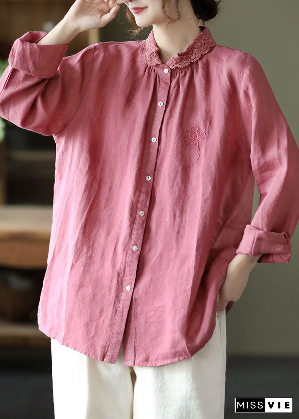 Handmade Pink Embroideried Lace Patchwork Linen Shirts Long Sleeve