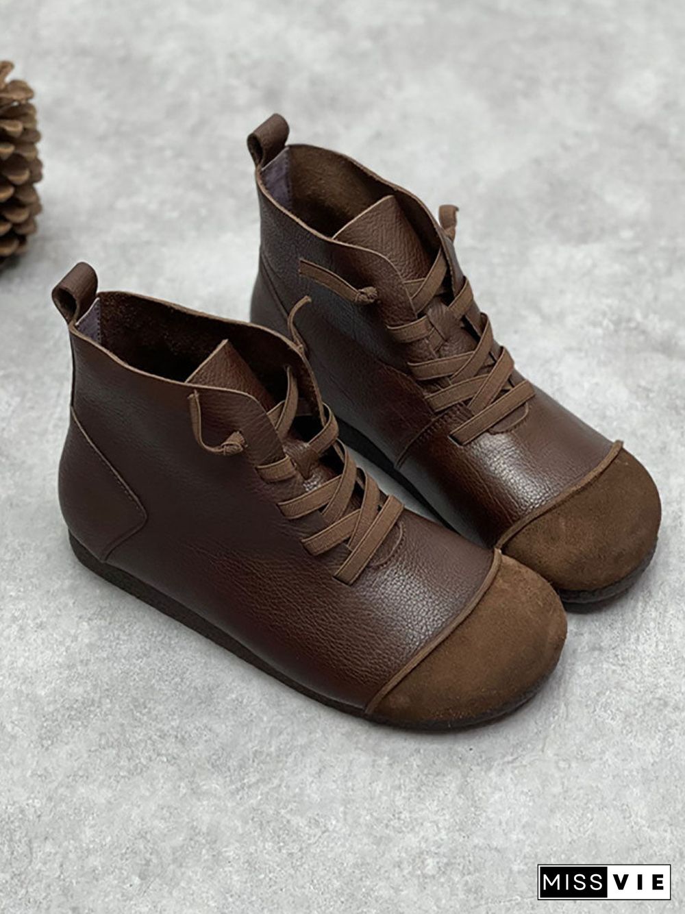 Women Winter Vintage Leather Drawstring Splicing Ankle Boots