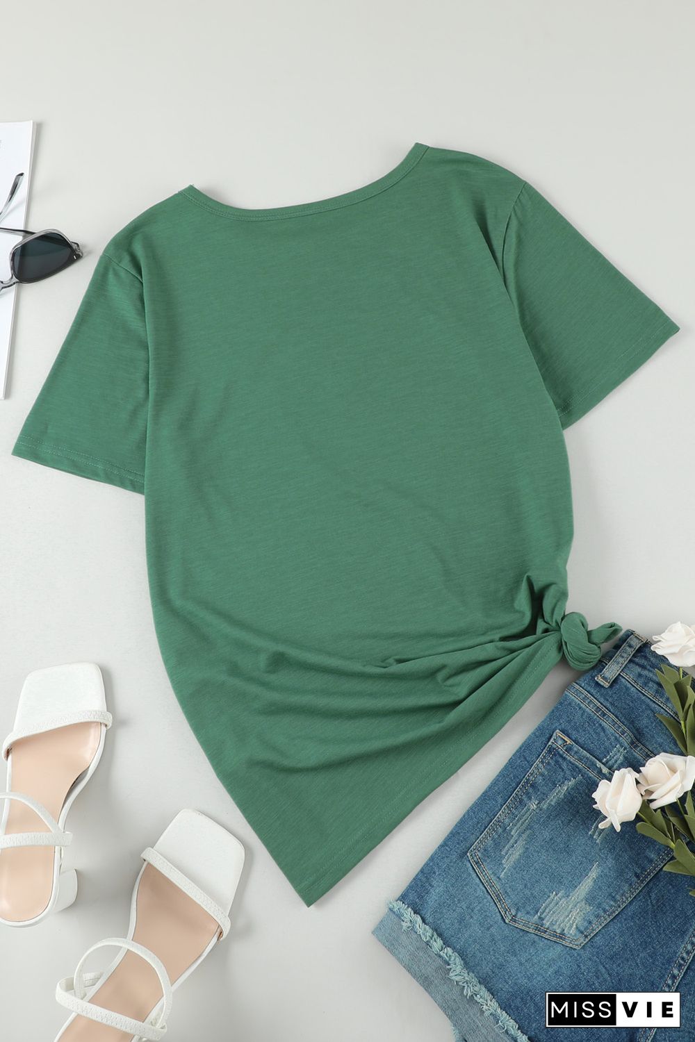 Green Holes Crew Neck Cotton Mixed T-shirt