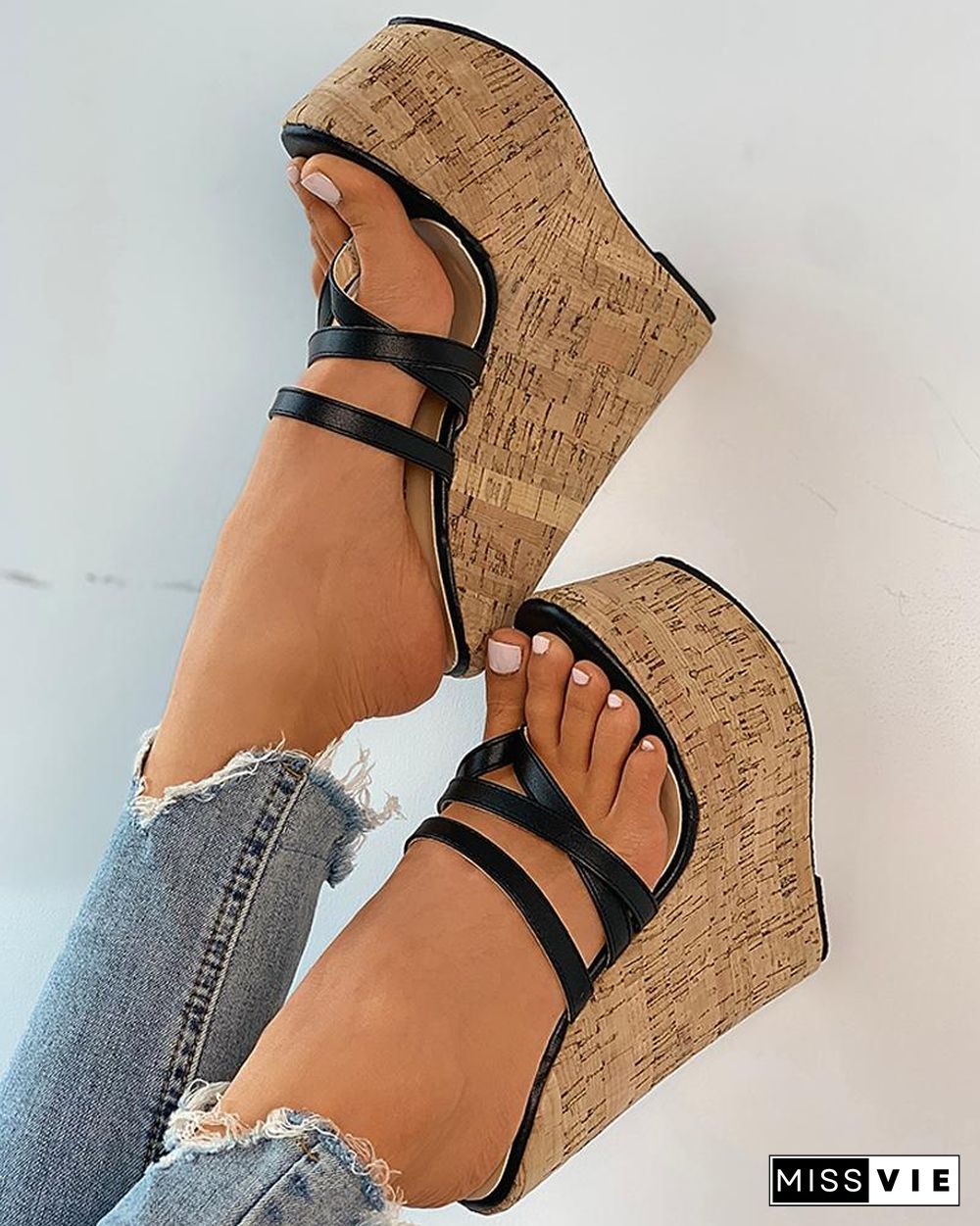 Toe Post Colorblock Woven Flax Wedge Sandals