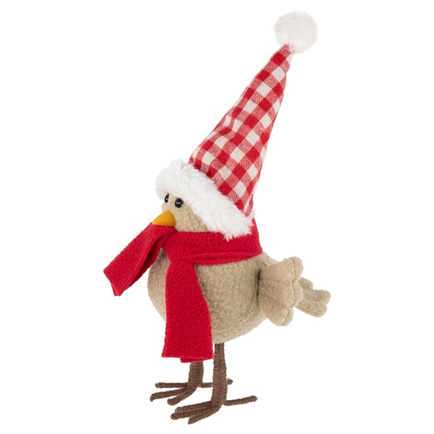 Beige Standing Bird With Red Scarf And Plaid Hat Christmas Figure