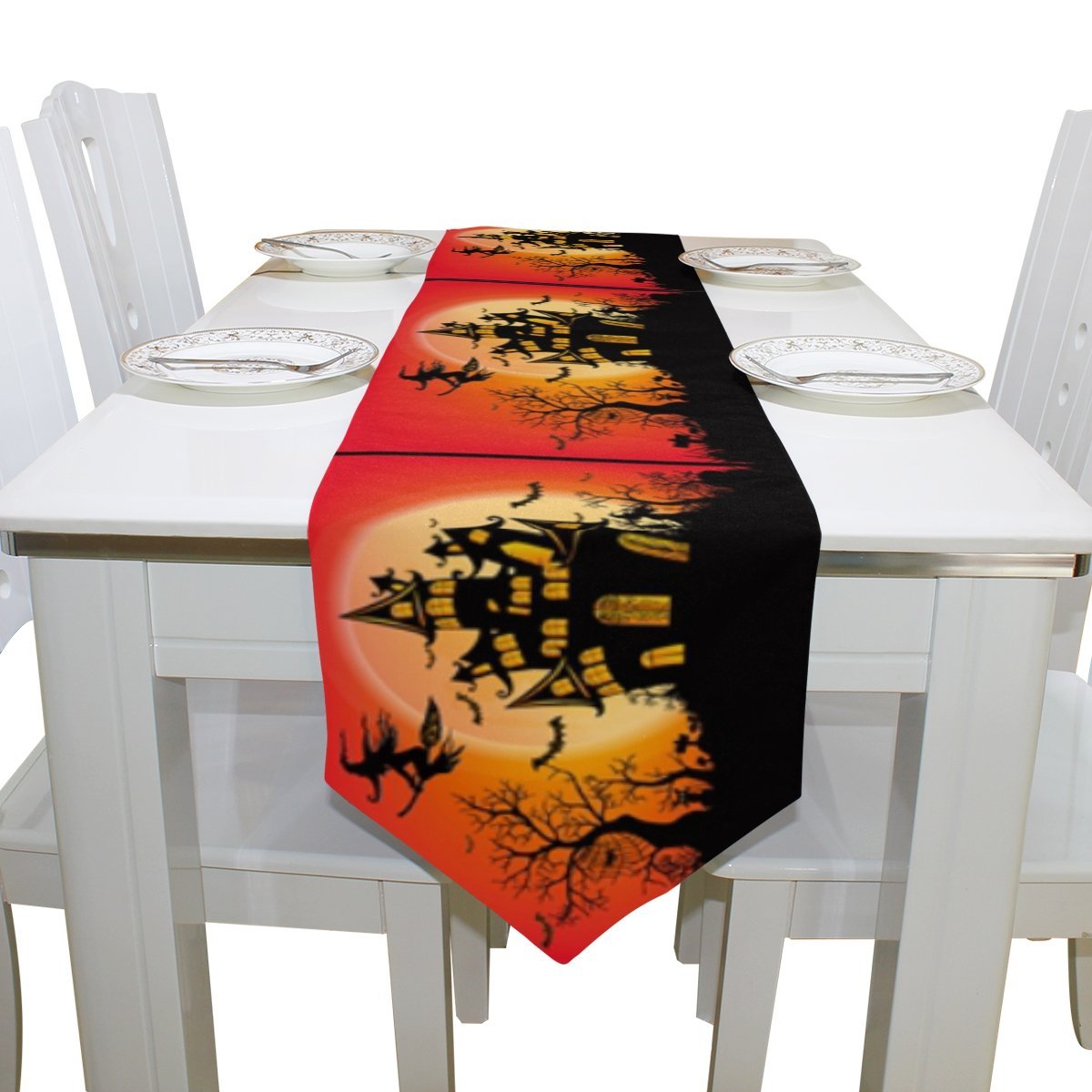 POPCreation Halloween Holiday Table Runner 13x90 Inch， Halloween Castle Witches Table Cloth Runner for Kitchen Wedding Party Decoration