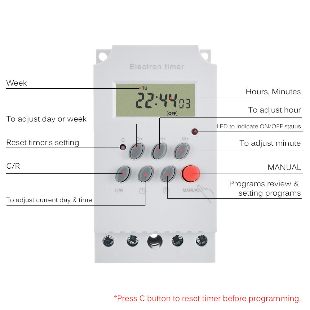 Tomshine AC 25A Digital Programmable Timer Din Rail Electronic Timer Time Switch Controller with LCD Display