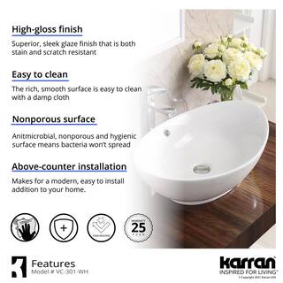 Karran Valera 23 in. Vitreous China Oval Vessel Bathroom Sink in White with Overflow Drain VC-301-WH