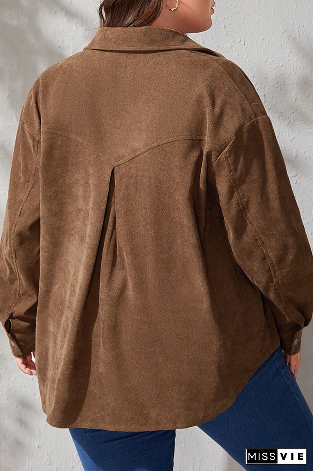 Brown Plus Size Pockets Corduroy Shirt Coat