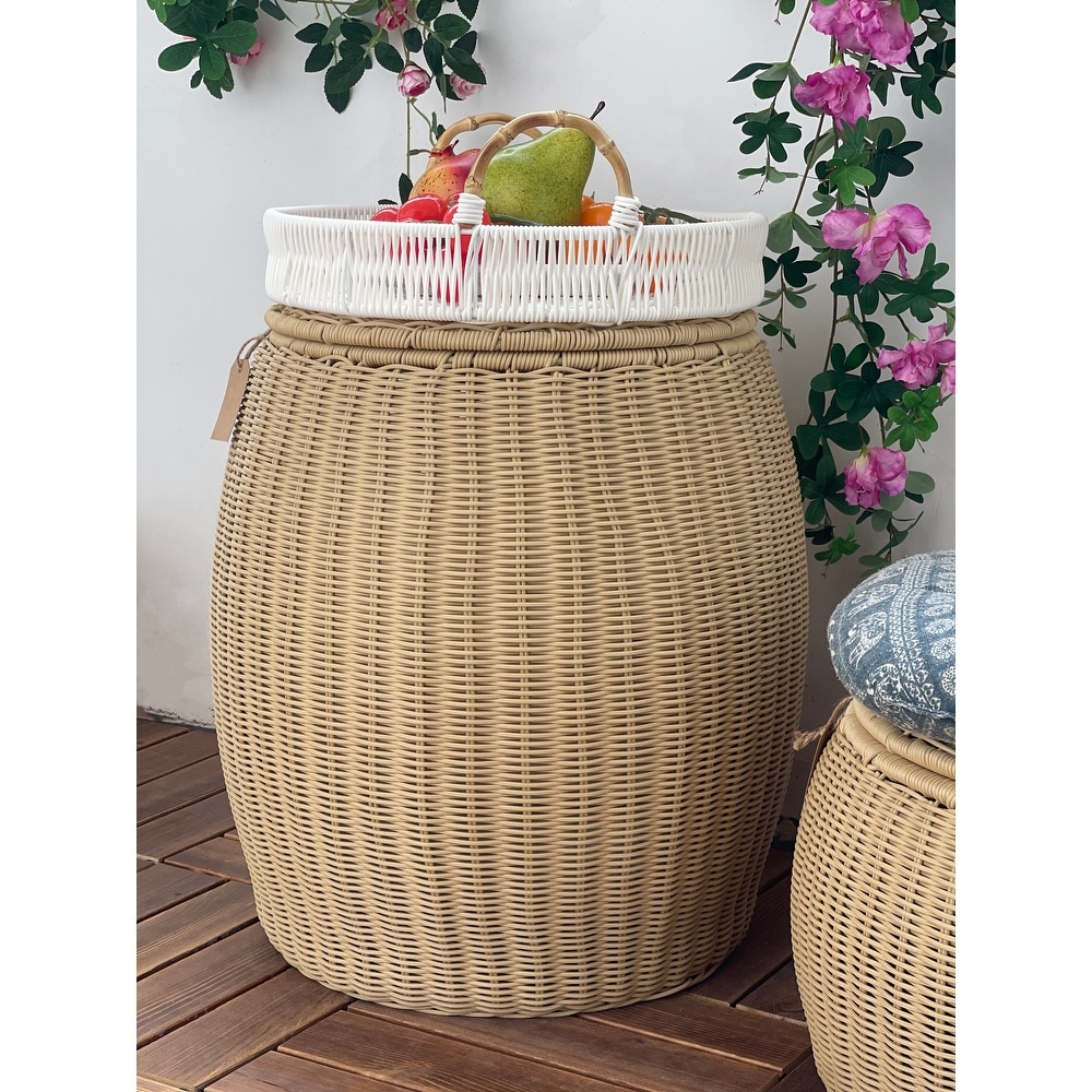 Outdoor Indoor Wicker Storage Ottoman With Lid Boho Side Table