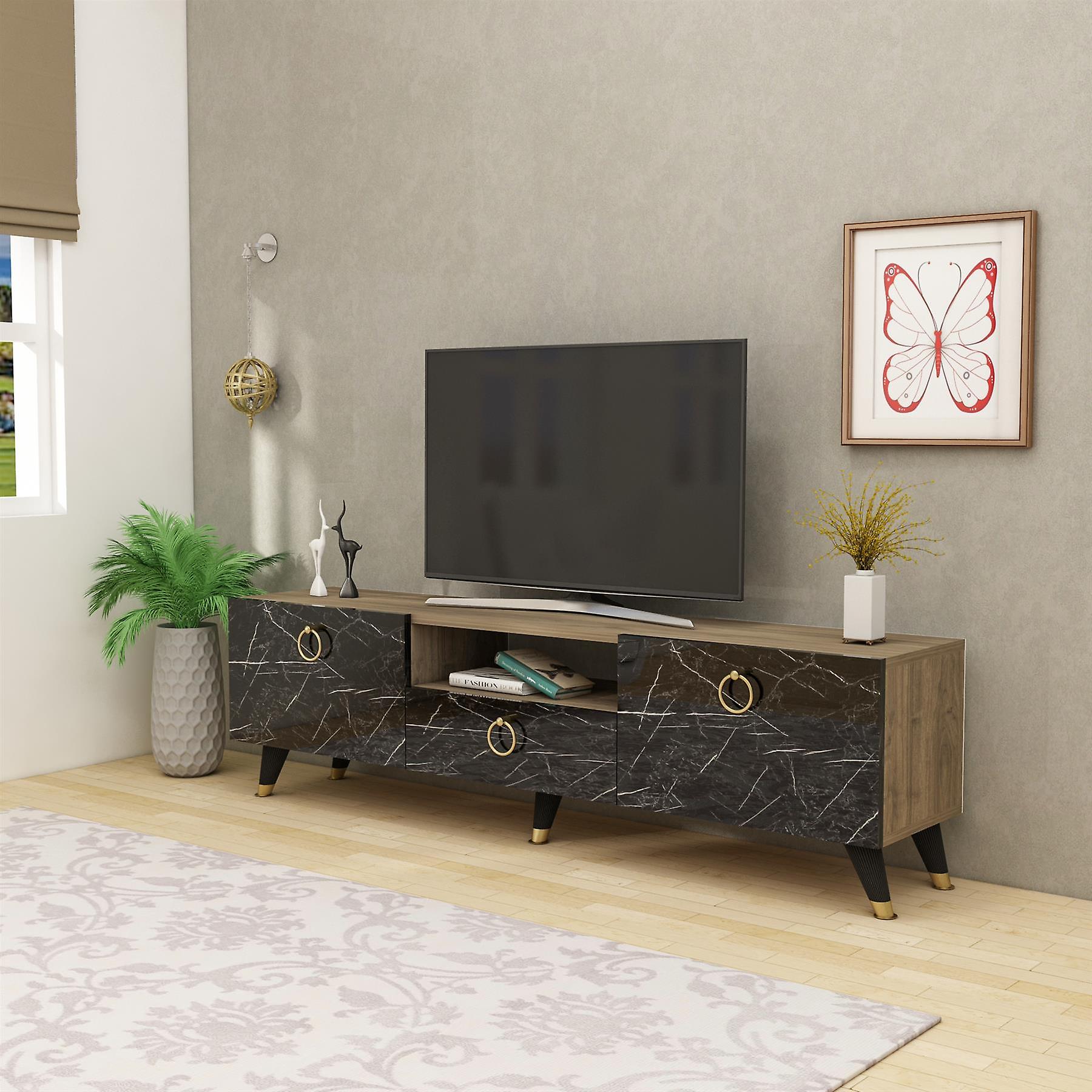 Suny TV Stand and Media Console - Black Marble and Walnut