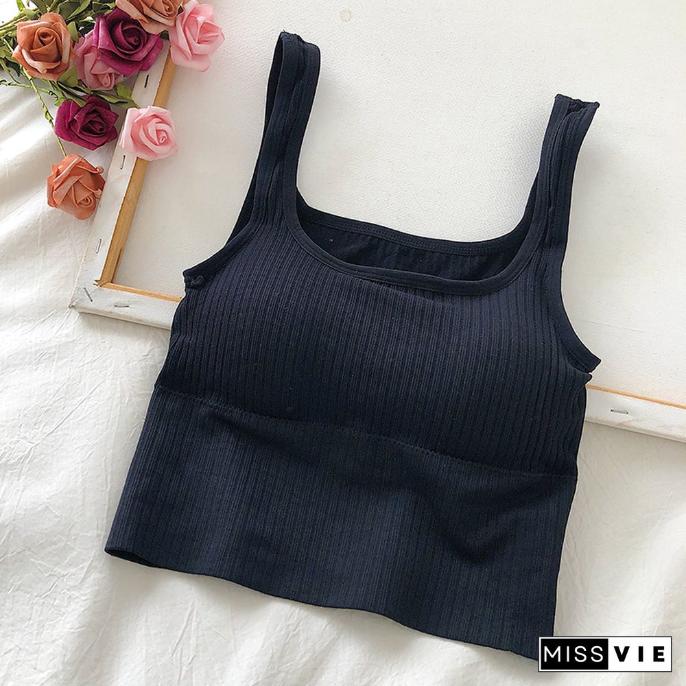 Pearl Diary Bra Tops Summer V Neck Rib Crop Tank Top With Detachable Bra Pads Sleevelss Solid Color Backless Sporty Bra Top