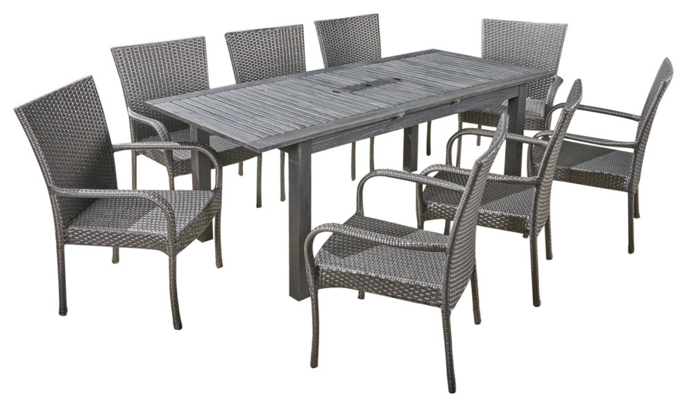 9 Piece Ellis Outdoor Wood/Wicker Expandable Dining Set   Tropical   Outdoor Dining Sets   by GDFStudio  Houzz