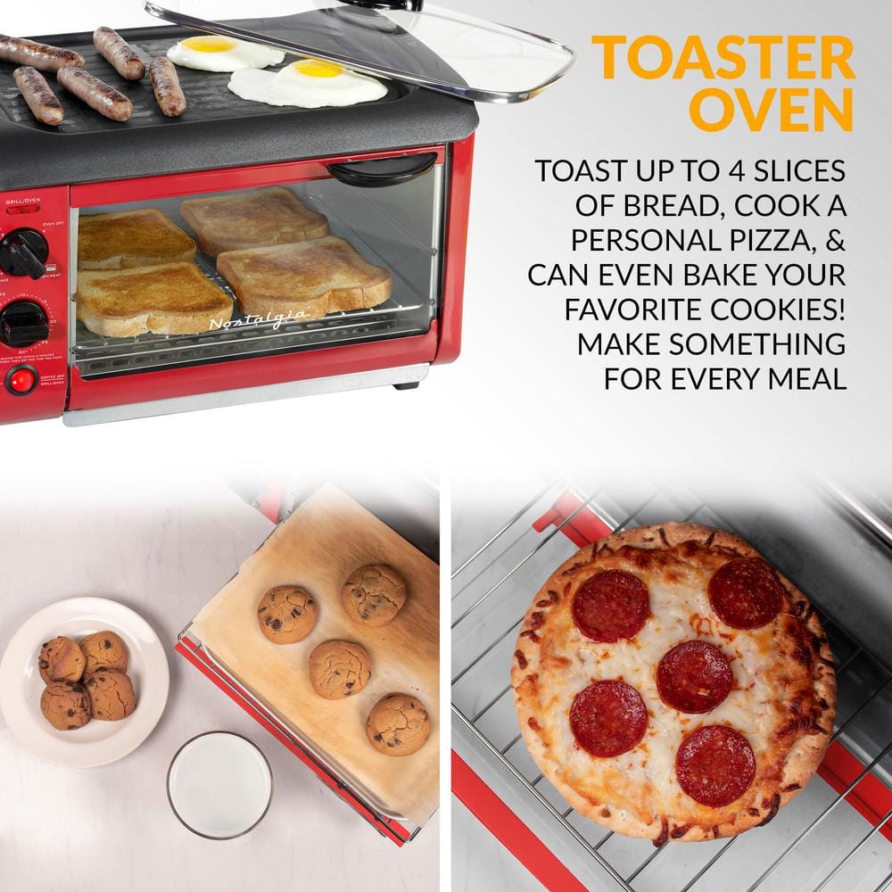 Nostalgia 1500 W 4-Slice Red Toaster Oven Breakfast Station BST3RR