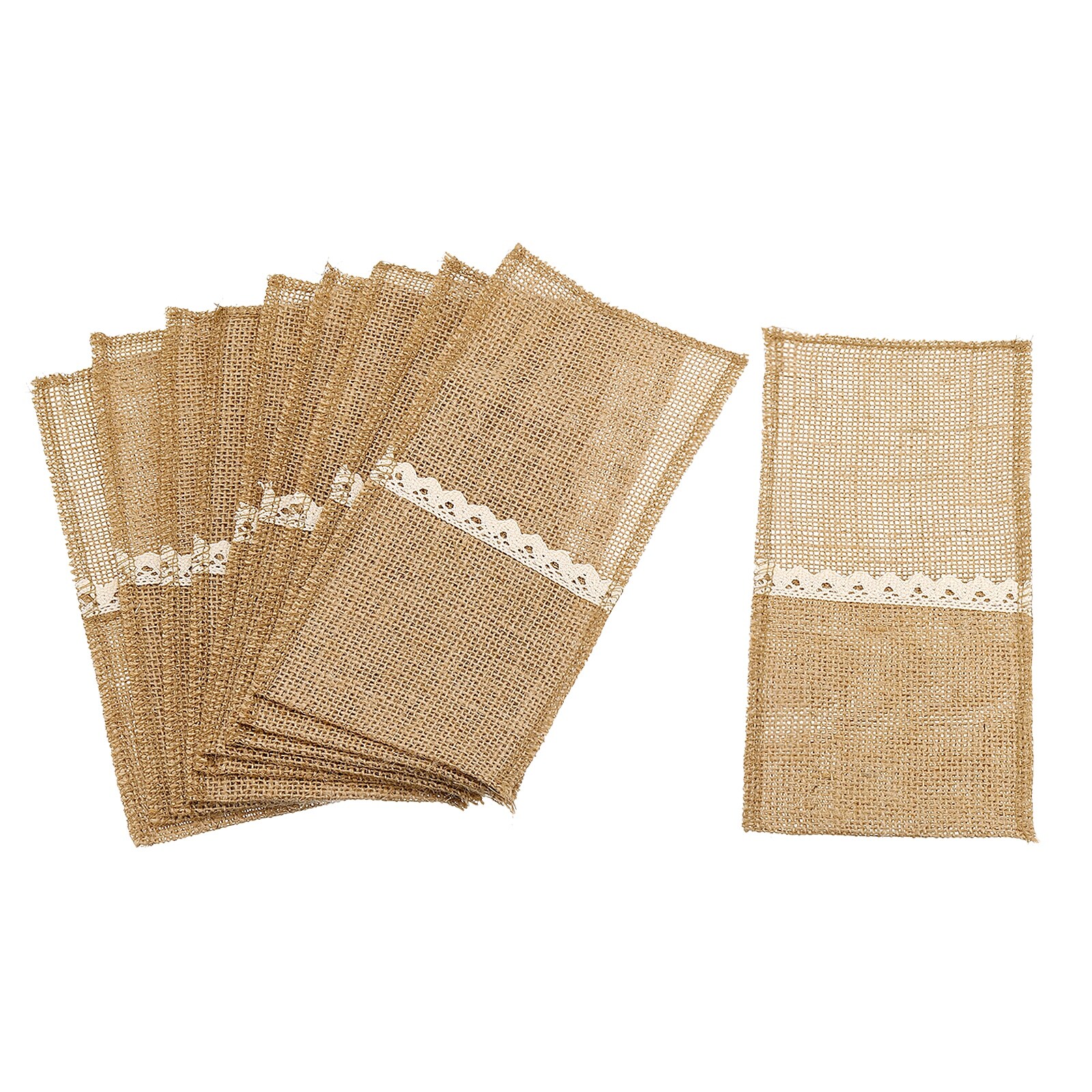 10Pcs Burlap Lace Utensil Holder Knife Fork Bag Cutlery Pouch for Wedding Party - Light Brown