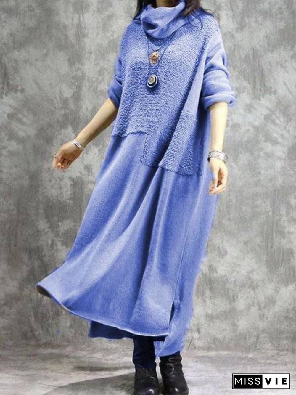 Cotton Plain Casual Turtleneck Knitting Dress