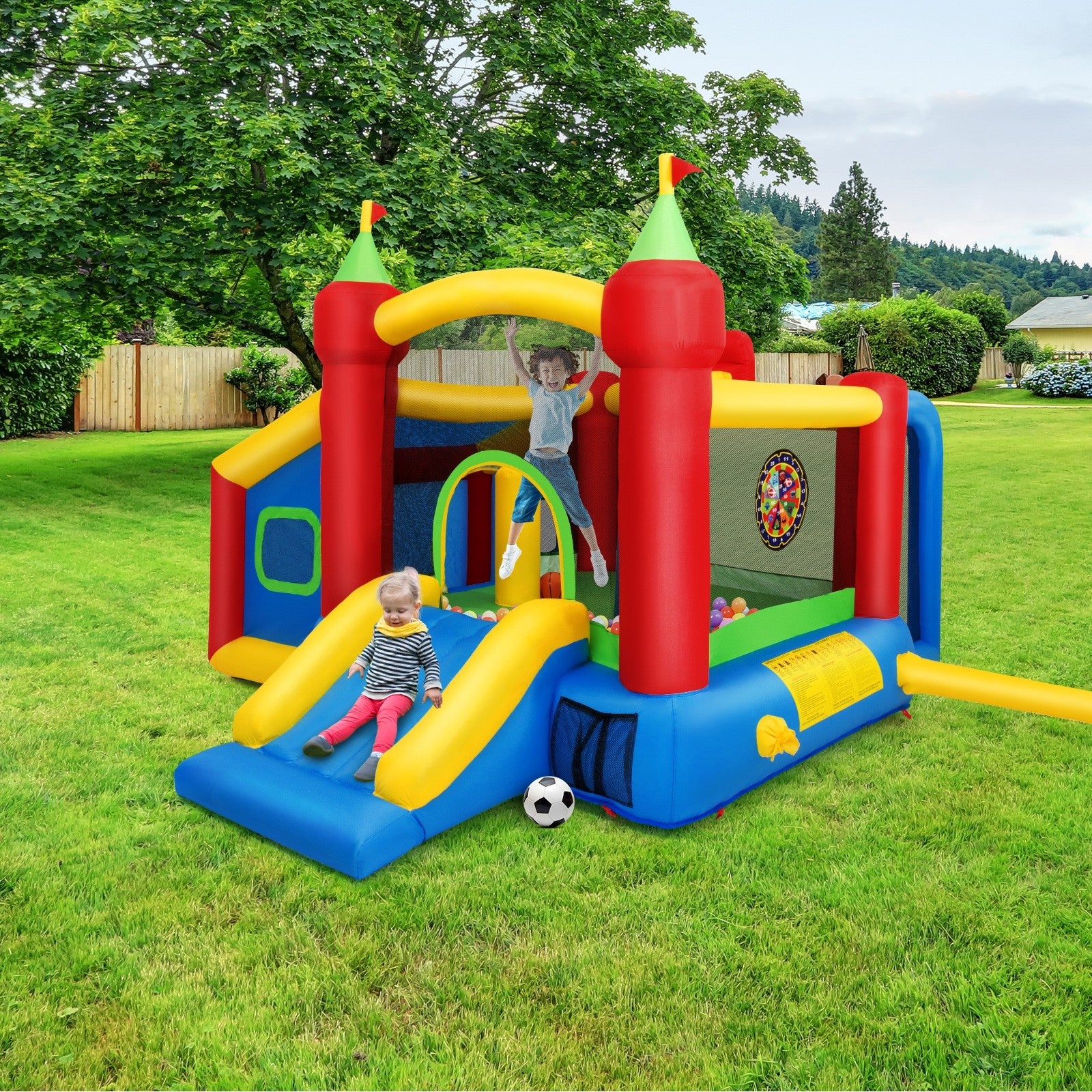 Costzon Inflatable Bounce House, 7-in-1 Jump and Slide Bouncer w/ Basketball Rim(Without Blower)