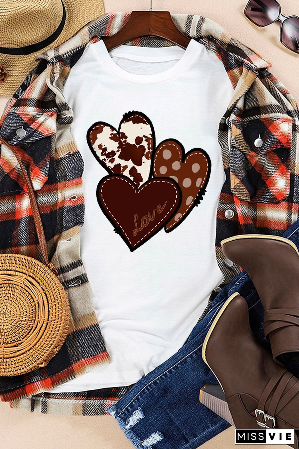 White Valentine'S Western Fashion Day Heart Print T-Shirt