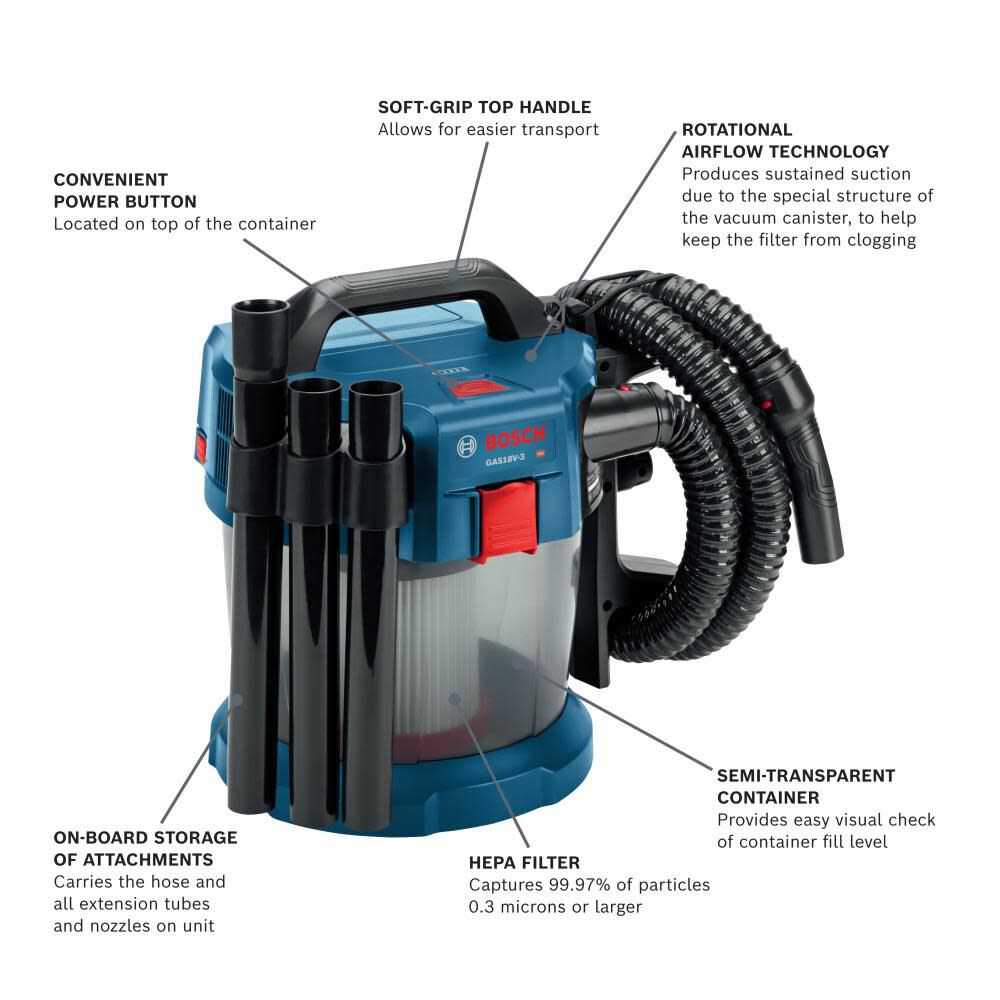 Bosch 18 V 2.6-Gallon Wet/Dry Vacuum Cleaner with HEPA Filter (Bare Tool) GAS18V-3N from Bosch