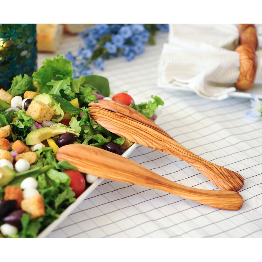 BeldiNest Handmade Olive Wood Utensil Set of Two   9 inch Curved Salad Servers (Spoon and Fork)