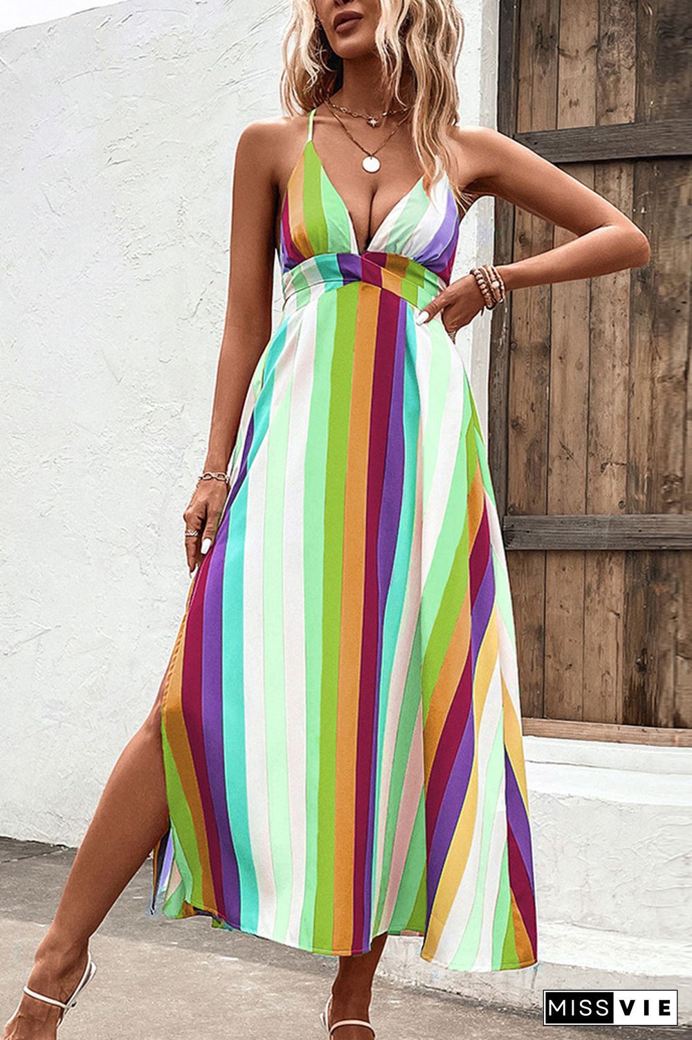 Multicolor Striped V Neck Spaghetti Strap Backless Maxi Dress