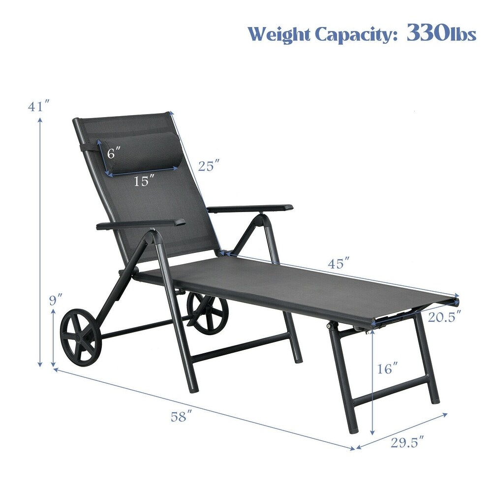 Patio Lounge Chair with Wheels Neck Pillow Aluminum Frame Adjustable   29.5\