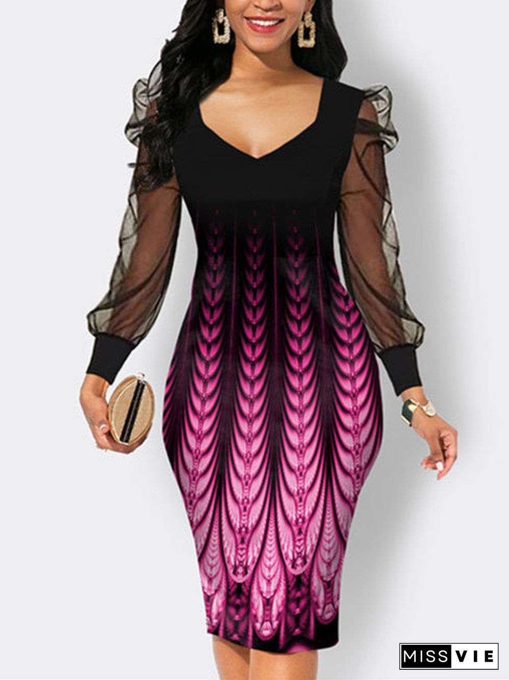 Women's Long Sleeve Graphic Stitching Midi Dress