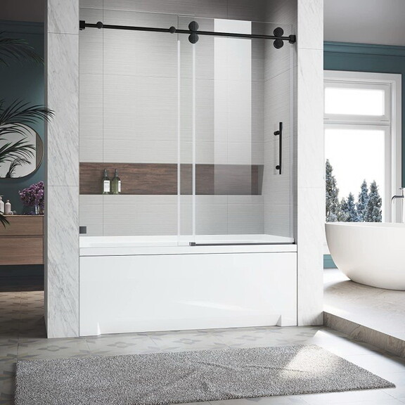 Frameless Black Glass Sliding Bathtub Door Adjusta...