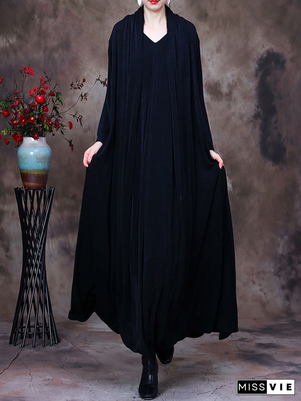 Plus Size V Neck Vintage Women Retro Maxi Dress