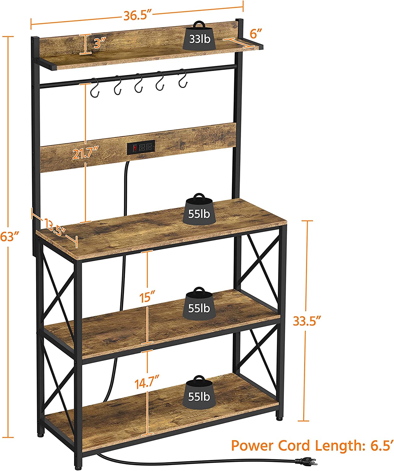 4-Tier Kitchen Bakers Rack with Power Outlet， Microwave Oven Stand Kitchen Storage Rack with Hooks for Dining Room， Spices， Pots， Pans， Brown