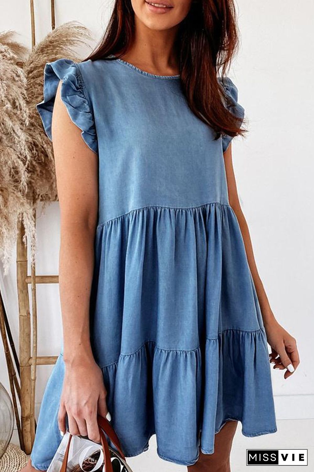 Denim Solid Short Sleeve Tired Dress