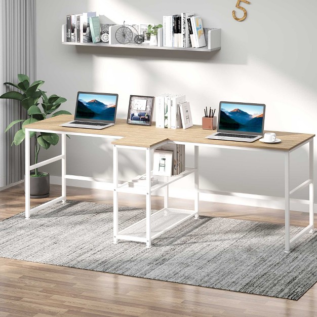 Two Person Computer Desk With 2 Storage Shelves Double Desk Workstation With Book Shelf Long Desk Table For Home Office