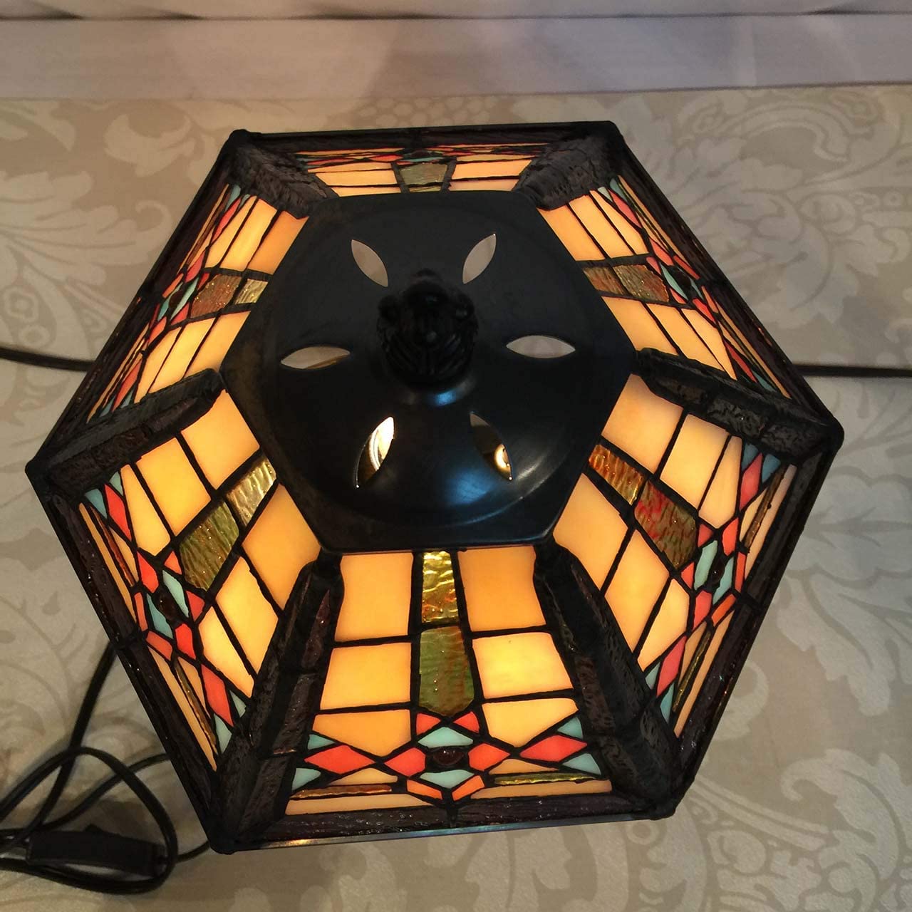 SHADY L10791 Mission Style Table Lamp Tiffany Stained Glass Night Light with Hexagonal Cone Lampshade  10&#34; W x 16&#34; H