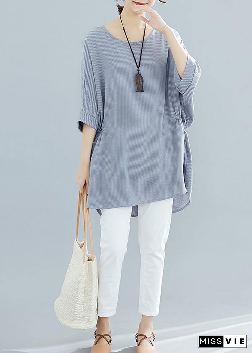 Beautiful gray striped cotton clothes For Women Batwing Sleeve loose summer blouse